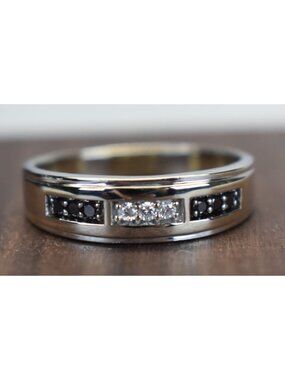 Now + Forever 14k White Gold Black & White Diamond Men's Wedding Band